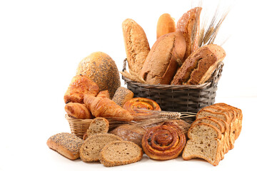 wicker basket with selection of breads and pastries isolated on white background - Powered by Adobe