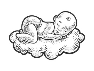 sleeping infant baby child on cloud sketch engraving vector illustration. T-shirt apparel print design. Scratch board imitation. Black and white hand drawn image.
