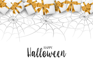 Halloween banner template. Spider web and gift boxes. Trick or treat party invitation card. Realistic vector illustration.