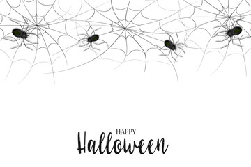 Halloween banner template. Realistic black spiders and web. Trick or treat party invitation card. Vector illustration.
