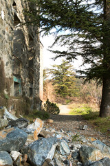 Fototapeta premium Ruins of old historic building in mountain Cyprus village in Troodos mountains damaged by earthquake