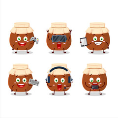 Brown honey jar cartoon character are playing games with various cute emoticons