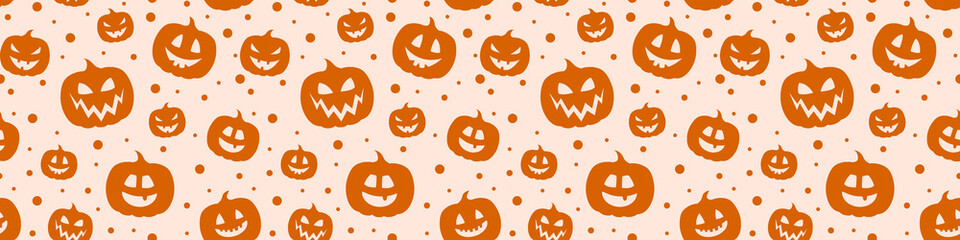 Halloween banner. Design of texture with scary pumpkins. Vector