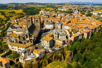 Scenic view of the city of Saint-Flour and Saint-Flour Cathedral in the Auvergne region. France