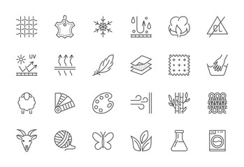 Fabric feature flat line icons set. Clothes symbols silk, cotton, breathable, waterproof material, handwash cashmere, yarn vector illustrations. Outline signs for garment properties, textile industry