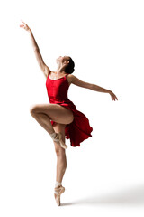 Ballerina Jumping, Modern Ballet Dancer in Pointe Shoes, Fluttering Dress, Isolated White Background