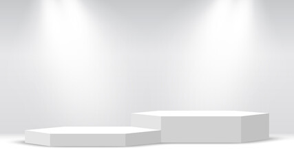 White blank podium. Pedestal. Hexagonal scene with spotlights. Vector illustration.