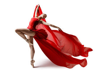 Ballerina Jumping in Pointe Shoes with Flying Red Cloth, Modern Ballet Dance, Isolated White...