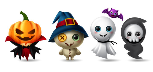 Halloween character vector set. Halloween characters like pumpkin vampire, teddy bear, ghost and grim reaper isolated in white background for horror 3d collection design. Vector illustration 