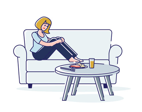 recommend clip art: Woman with eating disorder and stomach pain symptoms with heartburn before dinner