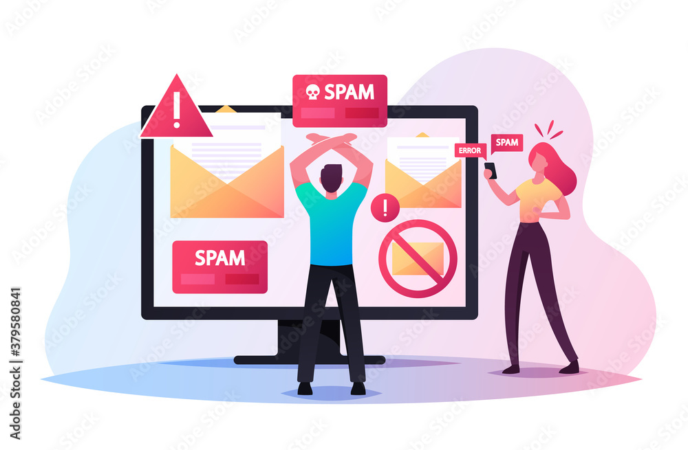 Poster tiny male character stand front of huge computer monitor with spam warning and open envelopes on scr