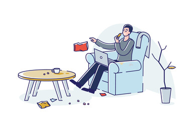 Lazy man littering at home throwing waste on floor while eating junk food and using laptop