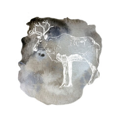 Watercolor winter blur background for christmas or new year. Watercolour snow illustration, frozen misty stain with deer silhouette.