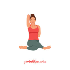 Girl sitting in yoga pose,Cow Face Pose or Gomukhasana asana in hatha yoga,vector illustration in trendy style