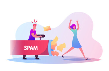 Spam and Info Garbage Concept. Tiny Male Character Shooting with Paper Envelopes Flowing from Huge Pipe in Woman Escape