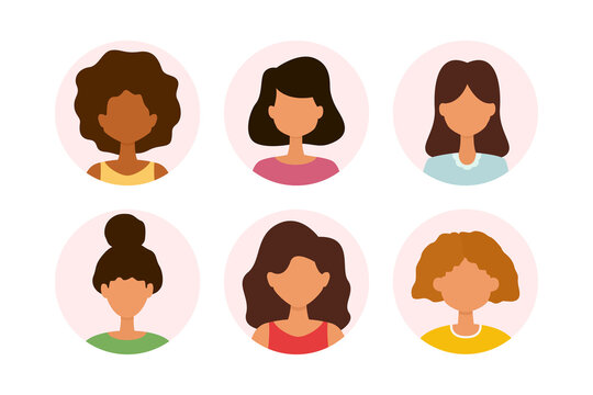 Set of woman avatar profile icon. Collection of portraits of people. Vector illustration in cartoon style.