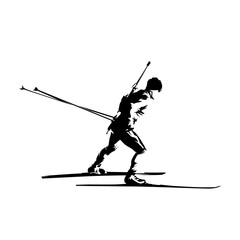 Biathlon racer silhouette. Isolated vector ink illustration of biathlon skier. Winter sport athlete, side view