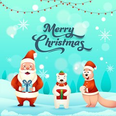 Illustration of Santa Claus with Polar Bear Holding Gift Box and Cartoon Squirrel on Turquoise Winter Background for Merry Christmas.