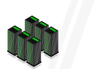 Fototapeta premium Server room isometric vector, futuristic technology of data protection and processing, networking and web hosting banner, input output data flow, vector illustration.