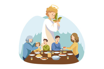 Christianity, religion, bible, Christmas Eve concept. Guradian angel biblical religious character watches at young family father son daughter mother celebrating New Year holiday praying together.