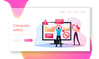 Fototapeta premium Info Garbage, Email Newsletters. Landing Page Template. Tiny Male Character Stand front of Huge Computer with Spam