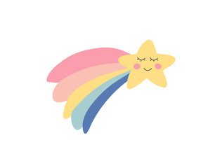 Hand drawn falling star. Cute kids nursery icon. Baby shower. Lovely cartoon star for wallpaper, fabric, wrapping, apparel. Vector illustration