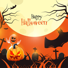 Happy Halloween Poster Design with Jack-O-Lantern, Cartoon Ghost and Flying Bats on Full Moon Graveyard Background.