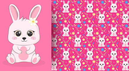 Baby ribbit with floral and leaf seamless pattern on pink illustration background