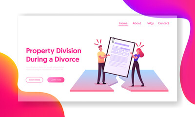 Property Division Process Landing Page Template. Divorced Husband and Wife Characters Pulling Huge Marriage Contract