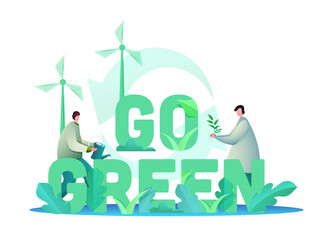 Go Green Text Decorated with Paper Leaves, Windmills and Cartoon Men Gardening on White Background.