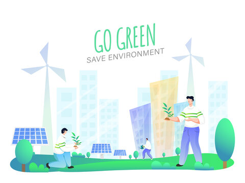 Illustration of People Gardening with Solar Panels, Windmills and Buildings on Nature Background for Go Green & Save Environment Concept.