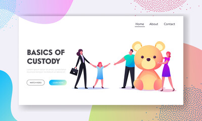 Adoption, Custody and Childcare Landing Page Template. Social Worker Female Character Bring Orphan Child to New Parents