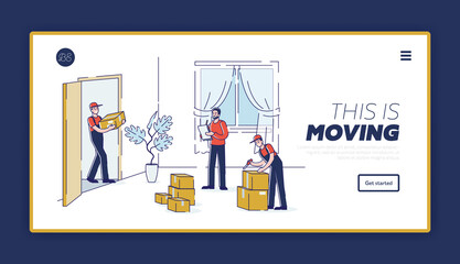 Moving house company landing page with workers unloading boxes during home relocation