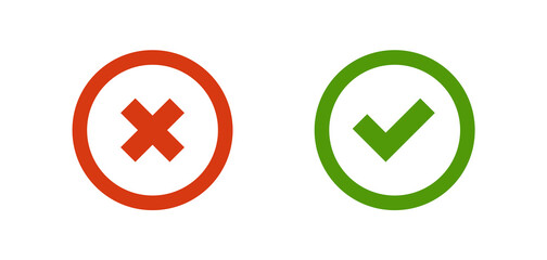 Ok mark, cross and check icon in flat style. Right isolated symbol tick vector