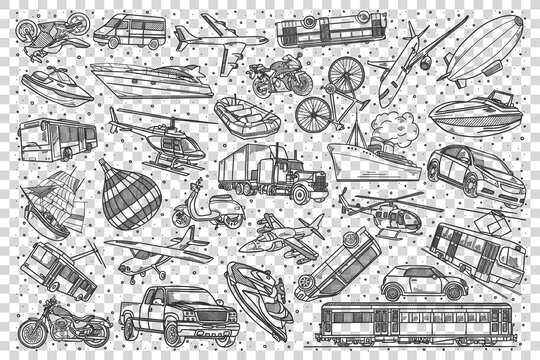 Transport Doodle Set. Collection Of Hand Drawn Pattern Templates Sketches Of Vehicles Cars Automobiles Trucks Trains Planes Boats On Transparent Background. Transportation Illustration.