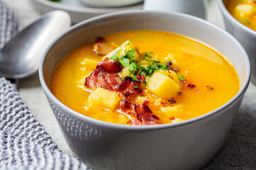 Pea soup with bacon and parsley in gray bowls, gray background.