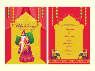 Red and Yellow Wedding Invitation Card Set with Indian Couple Image and Venue Details.