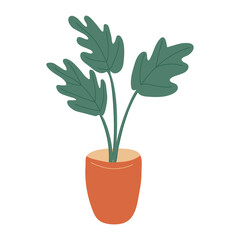 Monstera houseplant in an orange flower pot. Flat style. Vector hand drawn illustration isolated on white background.