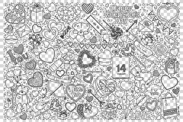 Valentines day doodle set. Collection of hand drawn sketches templates patterns of holiday for lovers celebration gifts and greeting cards. Tenderness positive emotions with heart symbol illustration.