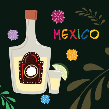 mexico label with tequila bottle, traditional Mexican drink