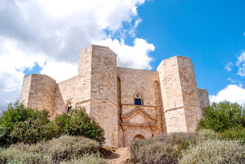 Exterior view of the octagonal "Castel del Monte" (Castle of the Mountain) near Andria, Puglia, Italy, a 13th-century citadel and castle built by Emperor Frederick II. World Heritage site since 1996.