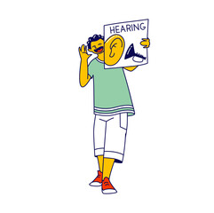 Happy Boy Child Character Holding Card with Ear Isolated on White Background. Hearing One of Five Human Perceptions