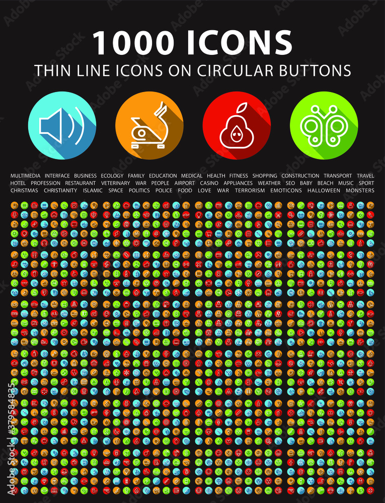 Poster set of high quality universal icons with shadows on colorful buttons on black background . isolated 