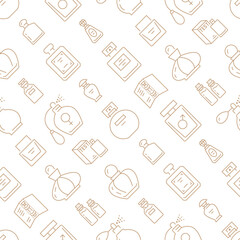 Perfume bottles seamless pattern with line icons. Vector background illustration included icon as glass sprayer, luxury parfum sampler, essential oil, cologne gold white wallpaper for cosmetic store
