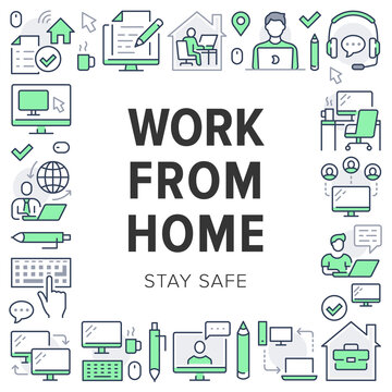 Work From Home Poster Frame With Line Icons. Vector Illustration Included Icon As Freelance Worker With Laptop, Workplace, Pc Monitor, Business Man Green Pictogram For Remote Job Flyer Or Brochure