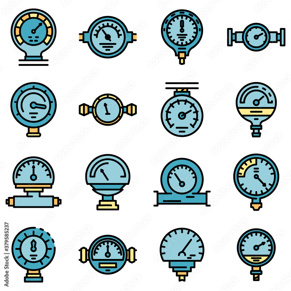 Poster manometer icons set. outline set of manometer vector icons thin line color flat on white