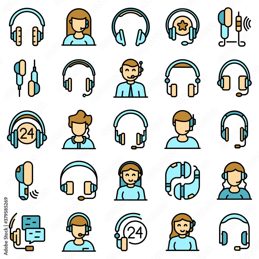 Poster headset icons set. outline set of headset vector icons thin line color flat on white