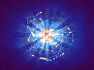 Single atom and its electron cloud , Quantum mechanics and atomic structure concept - obrazy, fototapety, plakaty