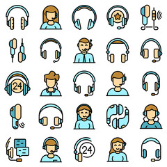 Headset icons set. Outline set of headset vector icons thin line color flat on white