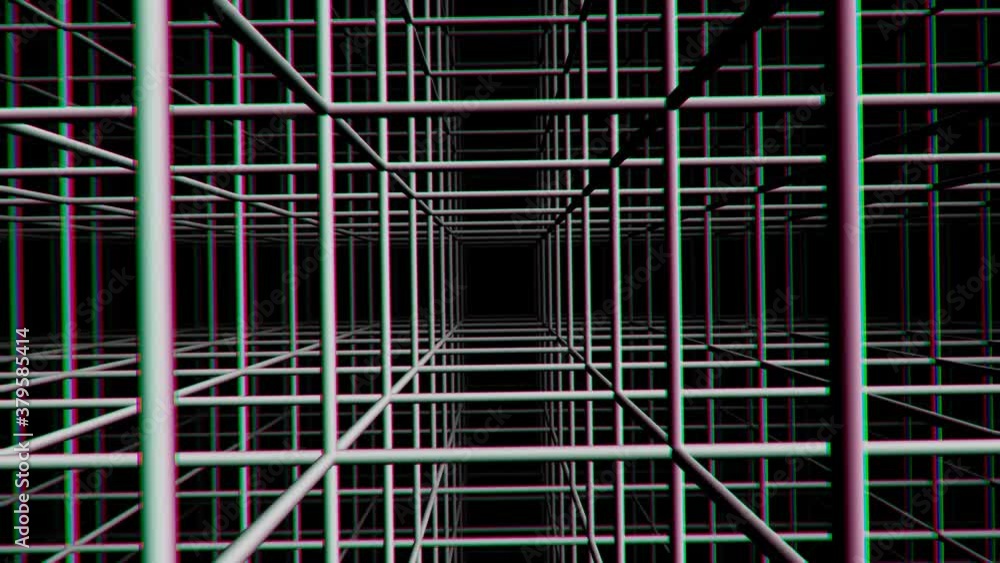 Poster flying into a grid of cubes wireframe forever